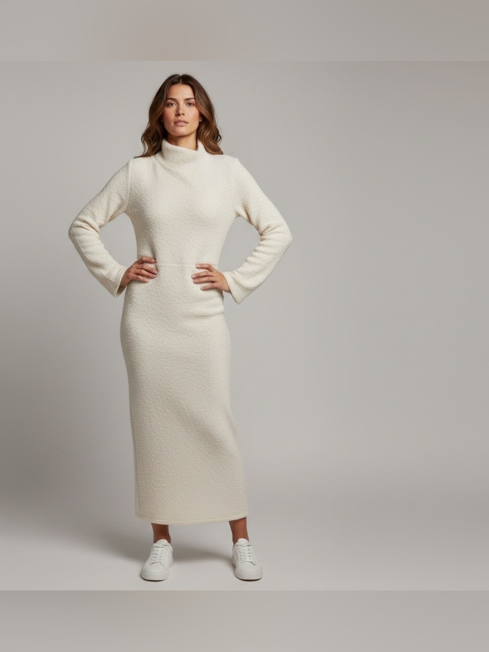 ASOS a mock-neck long-sleeve knit midi dress in a textured, cream-color